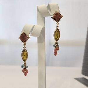 Vintage Gold Tone Dangle Earrings Goldstone Glass Bead Drop Post Style